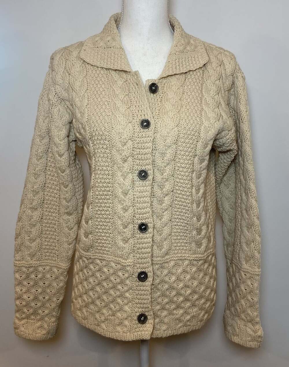 Inis Crafts Cardigan Sweater 100% Merino Wool Ireland Cream Medium M